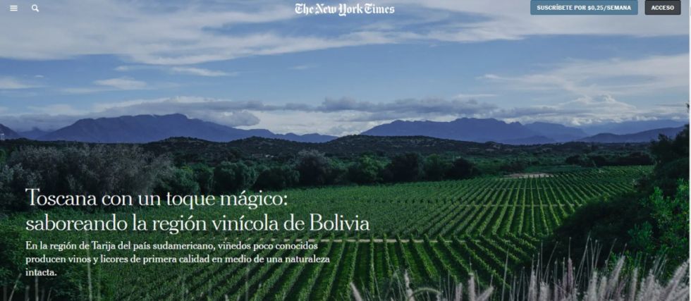 A iniciativa de Prometa, Tarija destaca en el  New York Times por sus paisajes, vinos y singanis  