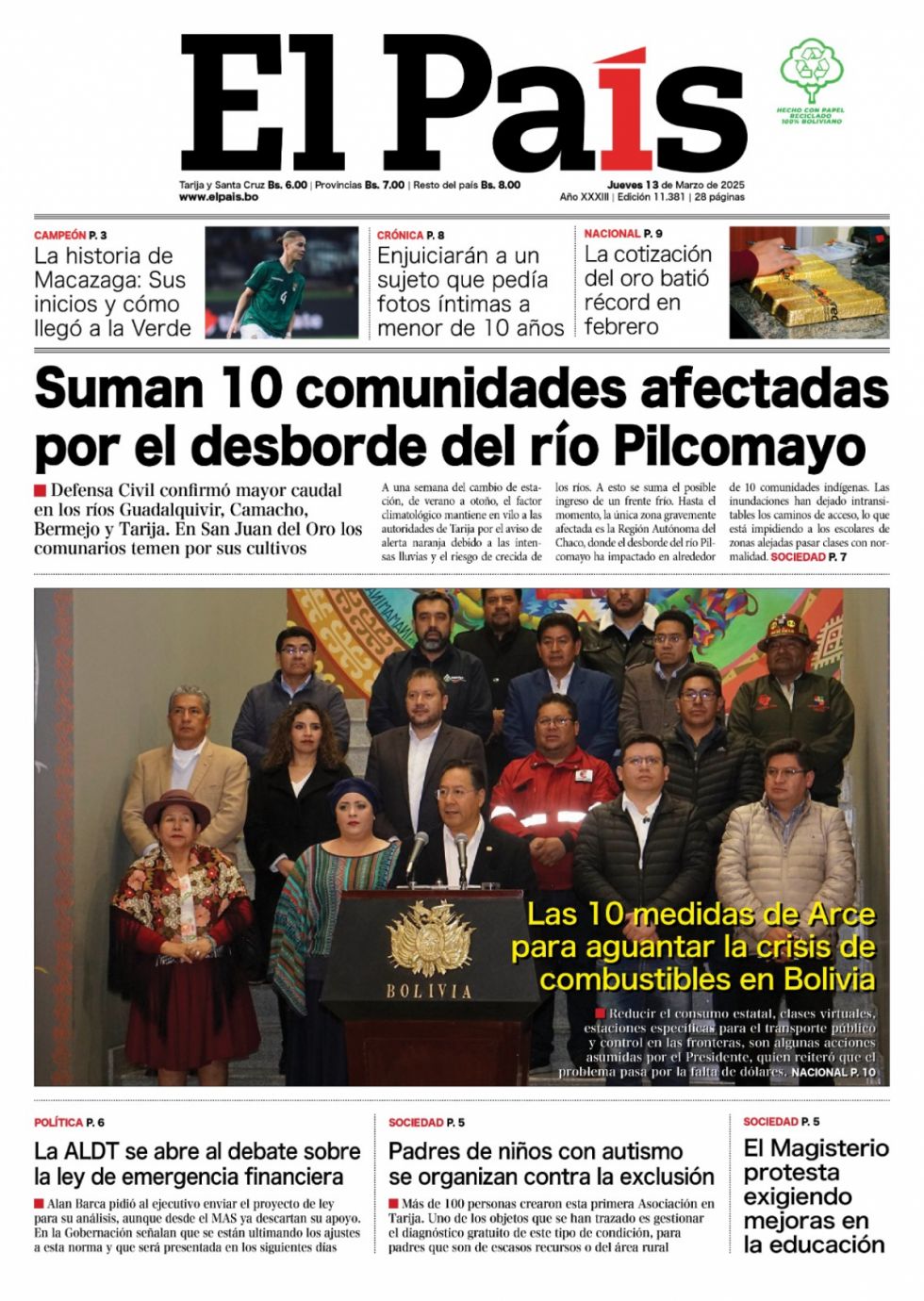 Arce y el combustible, el Pilcomayo y las lluvias, Paz Estenssoro y más: Lee las imprescindibles
