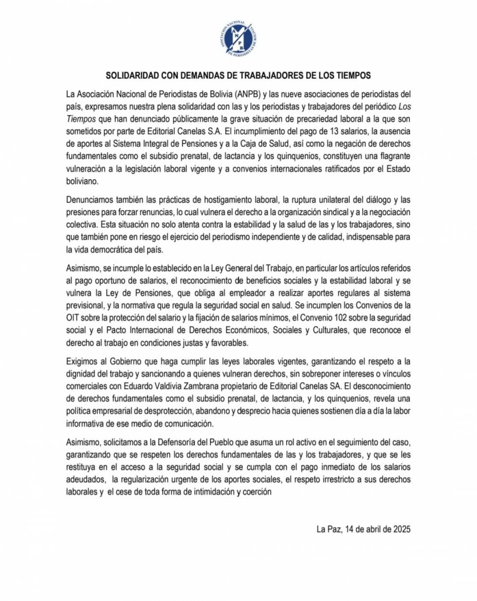 Periodistas del país expresan solidaridad con trabajadores de Los Tiempos y exigen respeto a sus derechos laborales