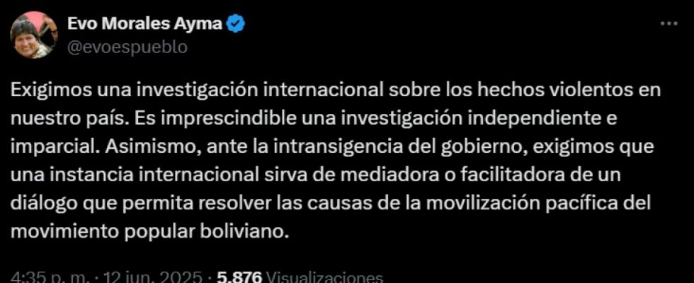 Morales pide mediación internacional para abrir diálogo