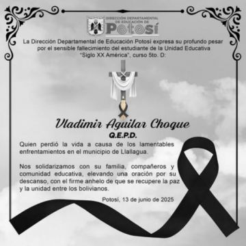 Arce lamenta muerte de estudiante en Llallagua y promete justicia