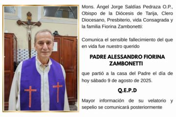 Diócesis de Tarija lamenta el fallecimiento del padre Alejandro Fiorina