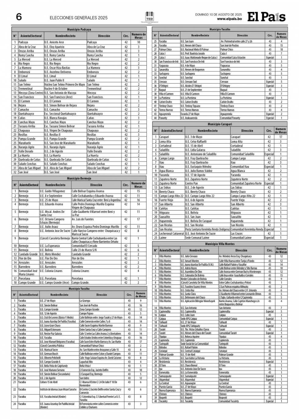 Lista de los recintos y la ubicación de las mesas electorales en Tarija 