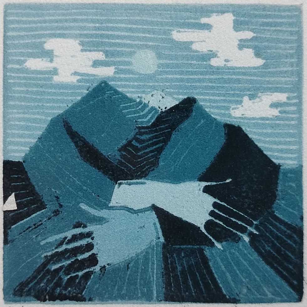 Los Andes nos sostienen, linograbado de Paola Belén Hinojosa Góngora (Oruro)