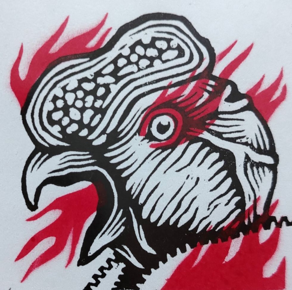 Fuego y grito de libertad, MDFgrafía y stencil de José Manuel Nina Maldonado (Cochabamba)