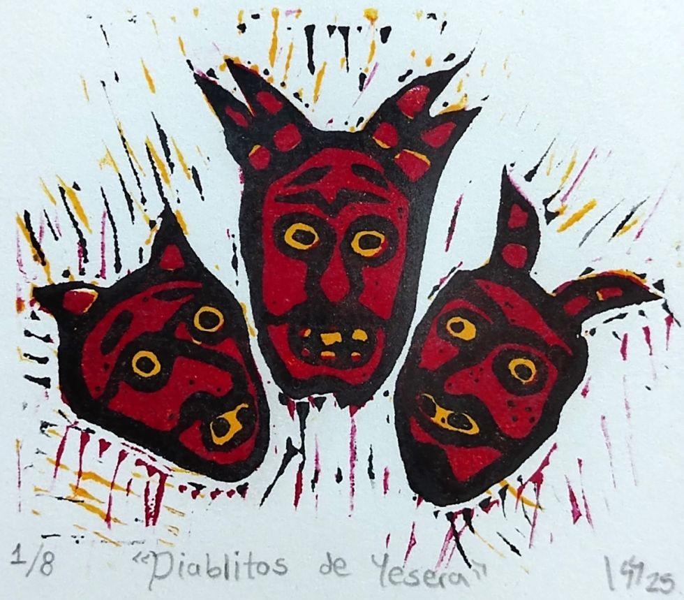 Diablitos de Yesera, linograbado de Modesta Isabel Soruco Gonzáles (Tarija)