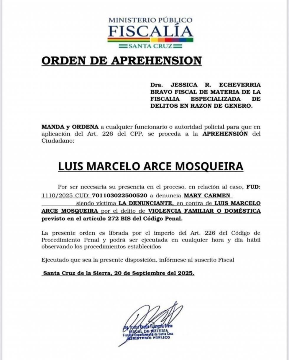 FELCV Tarija recibe orden de aprehensión a Marcelo Arce