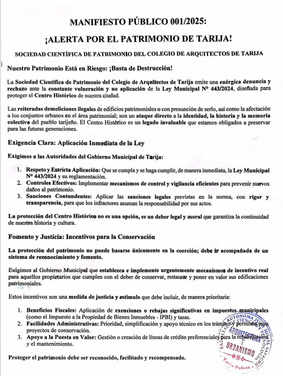 MANIFIESTO PÚBLICO 001/2025: ¡ALERTA POR EL PATRIMONIO DE TARIJA!