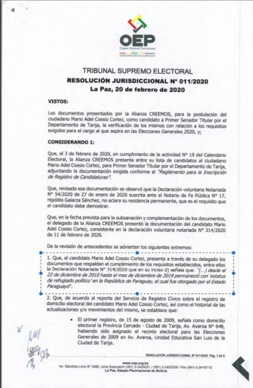 El TSE ya certificó en 2020 el fin del refugio de Cossío