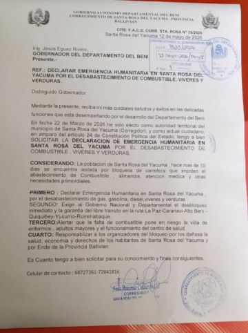 Bloqueos dejan aislada a Santa Rosa del Yacuma: solicitan emergencia humanitaria al gobernador del Beni