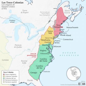El mapa de las Trece Colonias, el germen de Estados Unidos