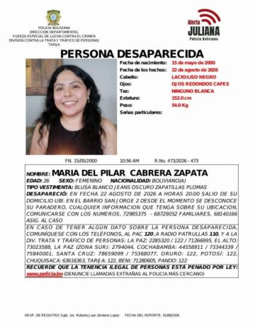 FELCC busca a la joven María del Pilar Cabrera
