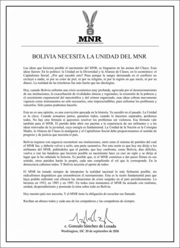 Sánchez de Lozada llama "a la unidad del MNR"