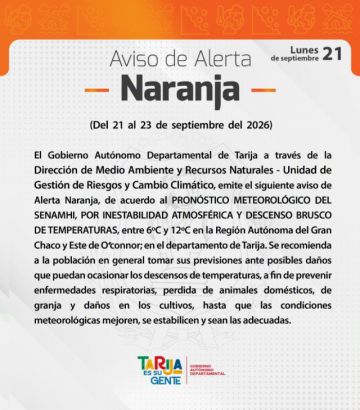 Tarija emite alerta naranja por descenso de temperaturas de hasta 12 grados en el Chaco y O’Connor