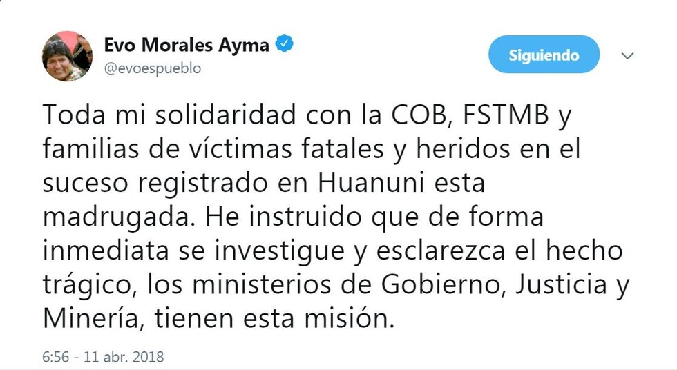Morales se solidariza con familiares de fallecidos en Huanuni e instruye investigación
