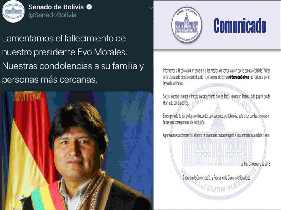 Hackearon Twitter del Senado y dieron por fallecido a Evo