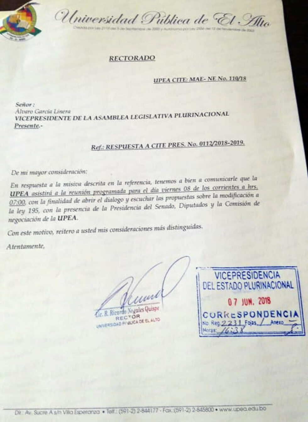 UPEA acepta dialogar con presidentes de cámaras legislativas este viernes