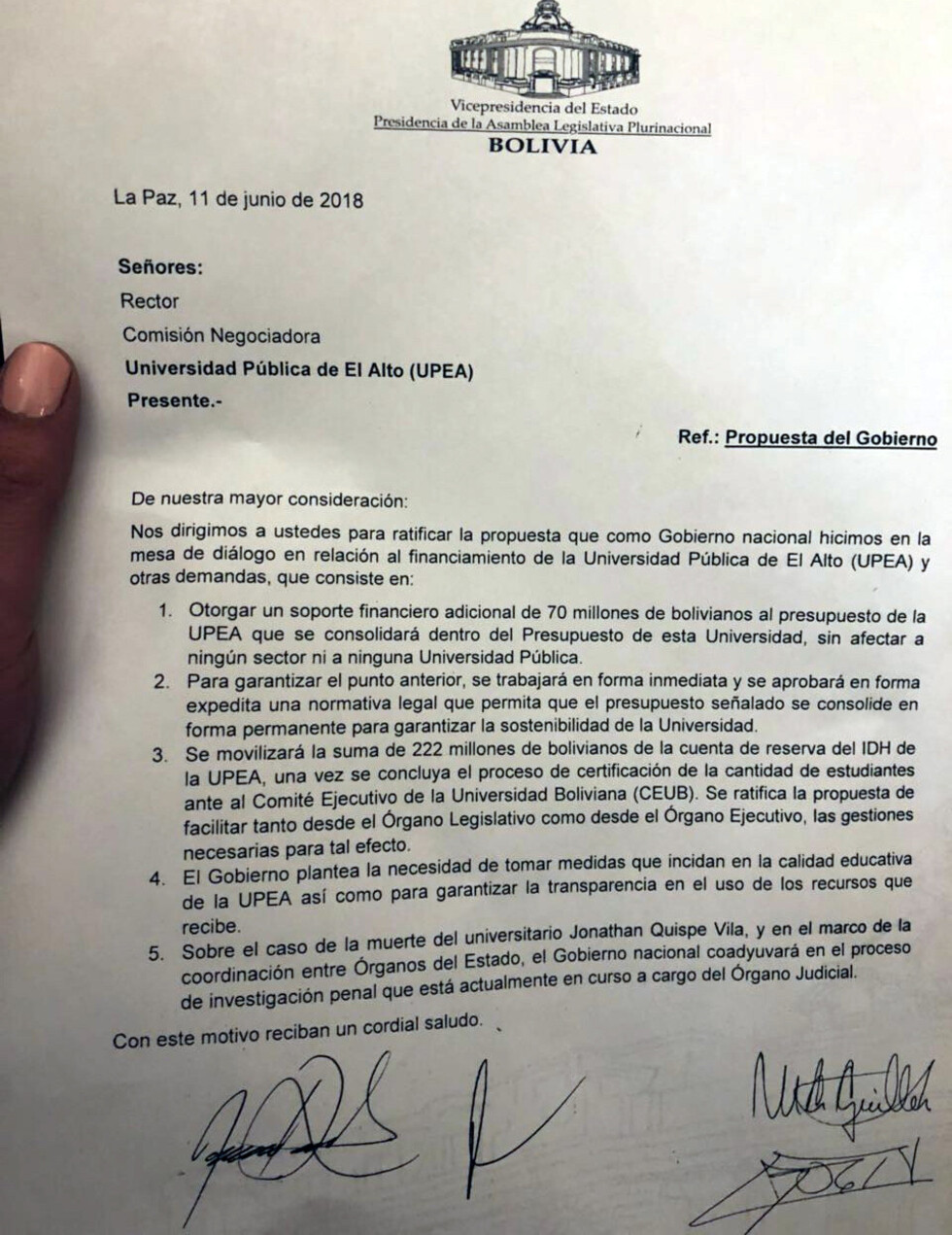 UPEA rechaza Bs70 millones e instala piquete de huelga en la Vicepresidencia