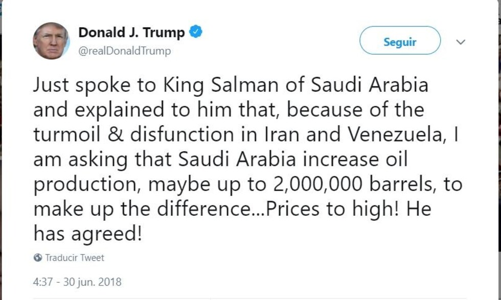 Rey de Arabia Saudita acepta propuesta de EEUU para aumentar la producción de petróleo