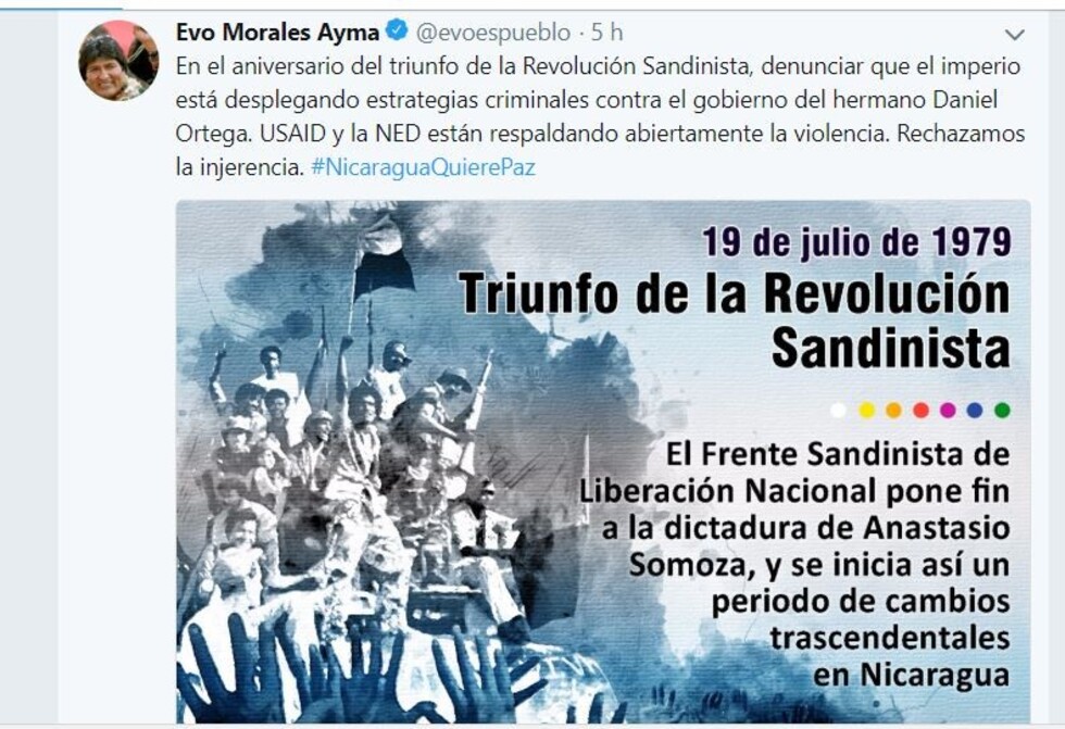Evo culpa al "imperio" de EEUU por violencia en Nicaragua y apoya a Ortega