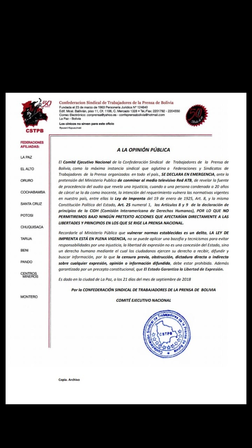 Trabajadores de la prensa en emergencia por conminatoria a ATB para que revele fuente del audio