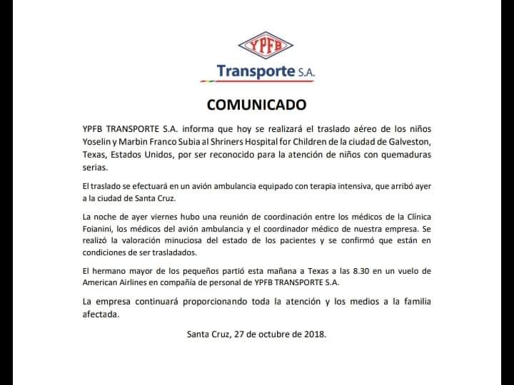 YPFB traslada a un hospital de EEUU a niños heridos por incendio de ducto en Villa Montes