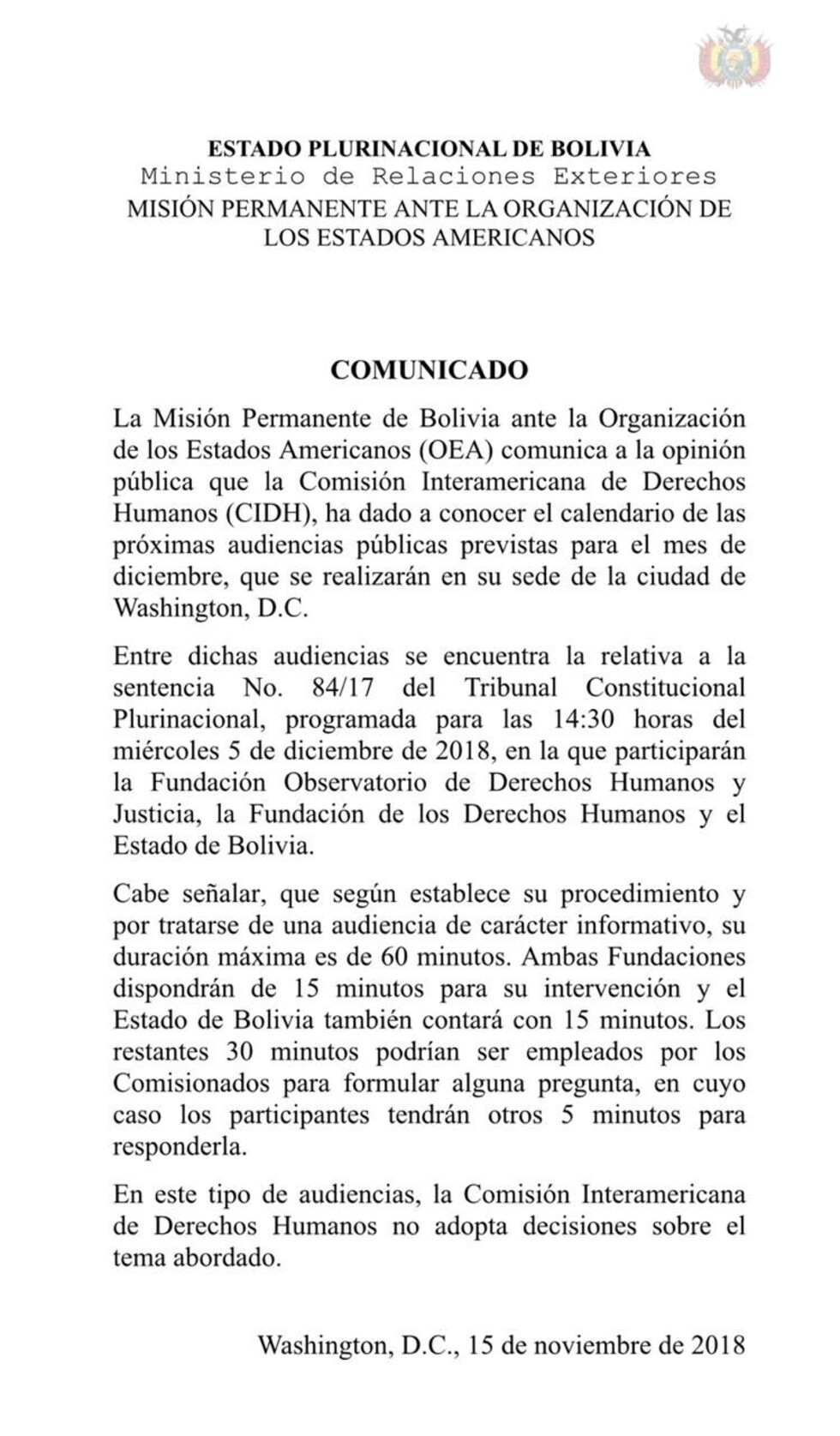 Cancillería confirma audiencia en la que la CIDH no tomará decisión sobre la reelección