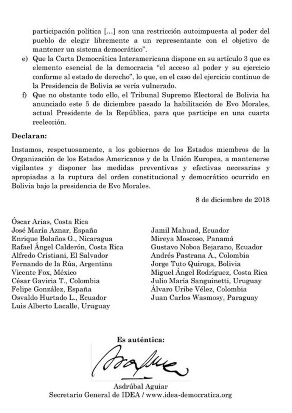 20 expresidentes piden a la OEA y UE medidas contra la "ruptura" democrática en Bolivia