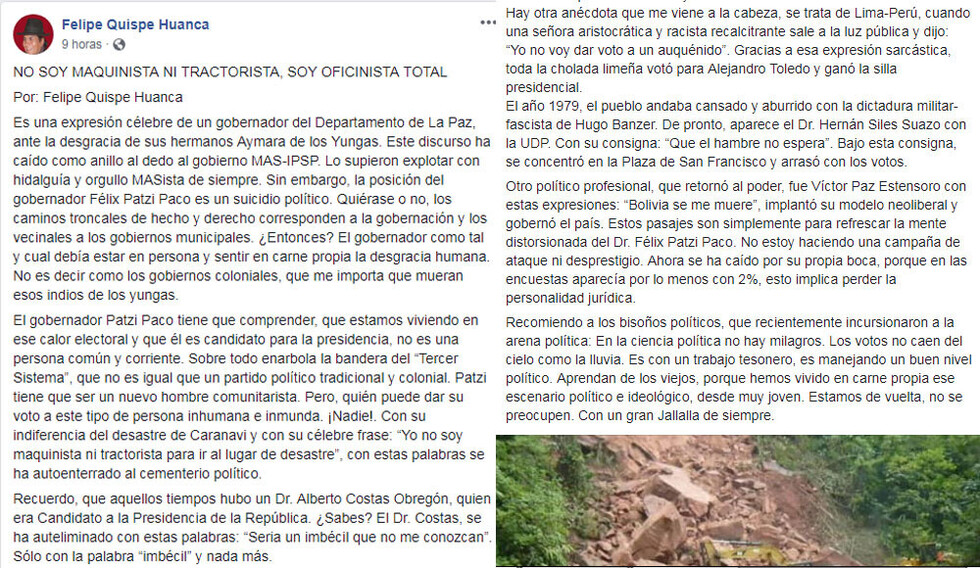 Quispe dice que Patzi es inhumano, inmundo y se suicidó políticamente