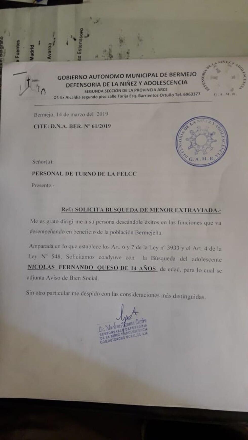 Buscan a menor desaparecido hace 22 días en Bermejo