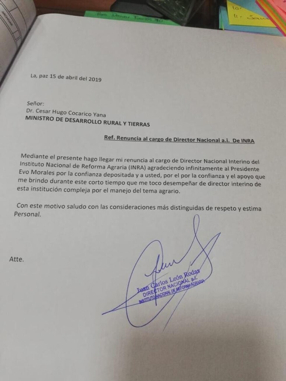 Renuncia Juan Carlos León a la Dirección del INRA a 4 meses de ser posesionado