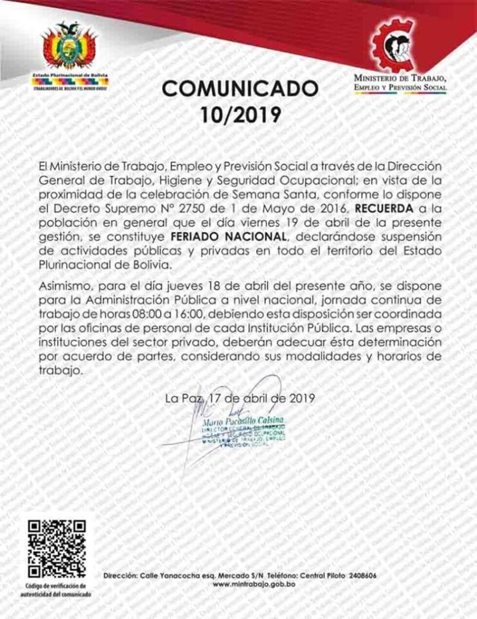 Ministerio de Trabajo dispone horario continuo el jueves y feriado el viernes por Semana Santa