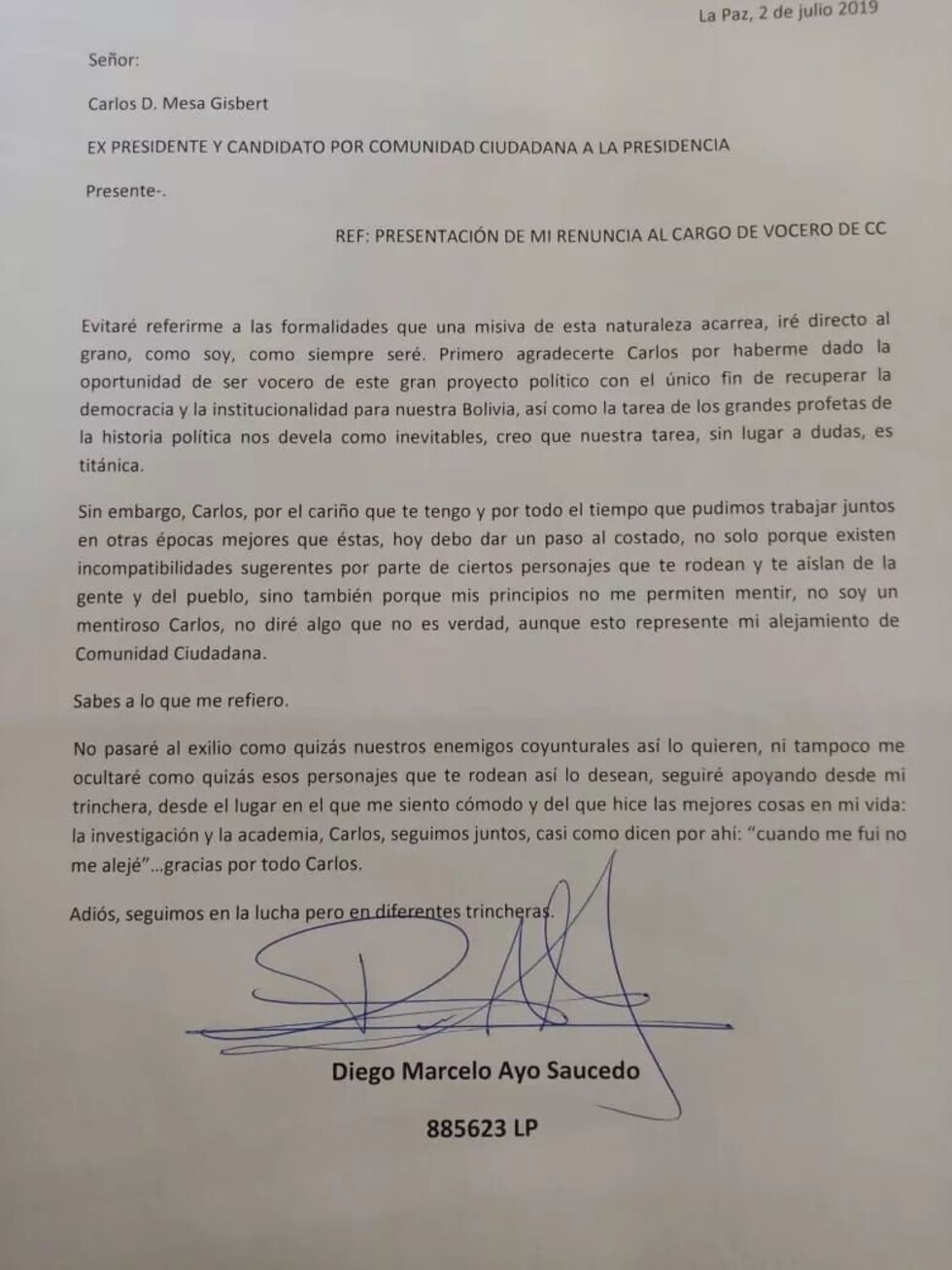 Mesa acepta la renuncia de Ayo; el vocero se aleja de Comunidad Ciudadana por un "error"