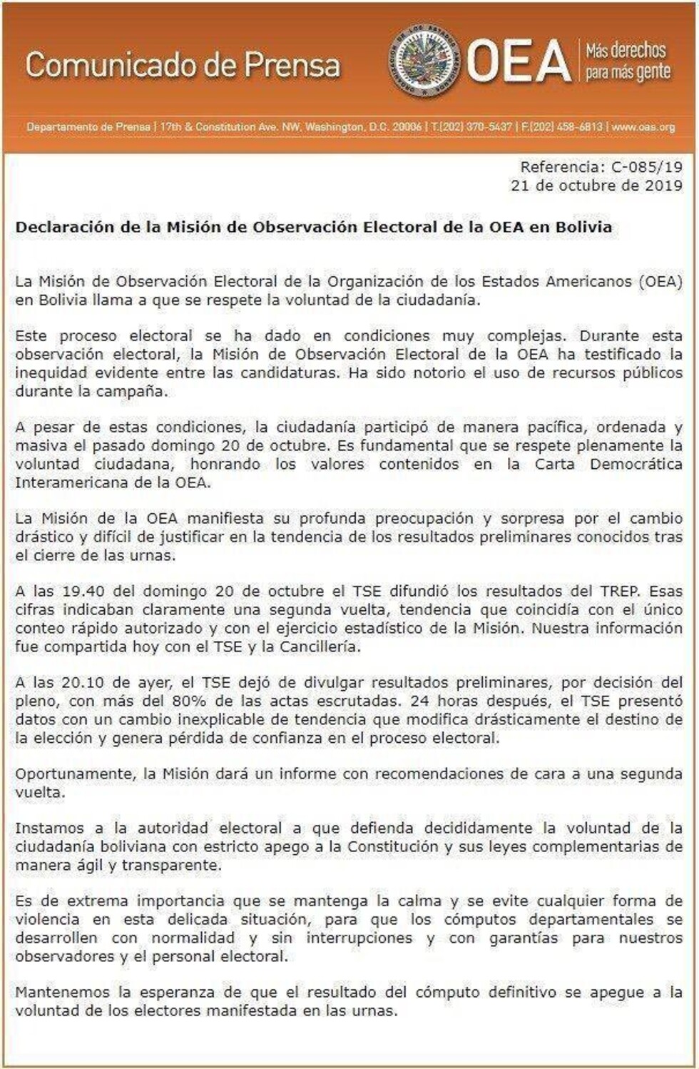 OEA expresa su sorpresa ante cambios drásticos de los resultados electorales