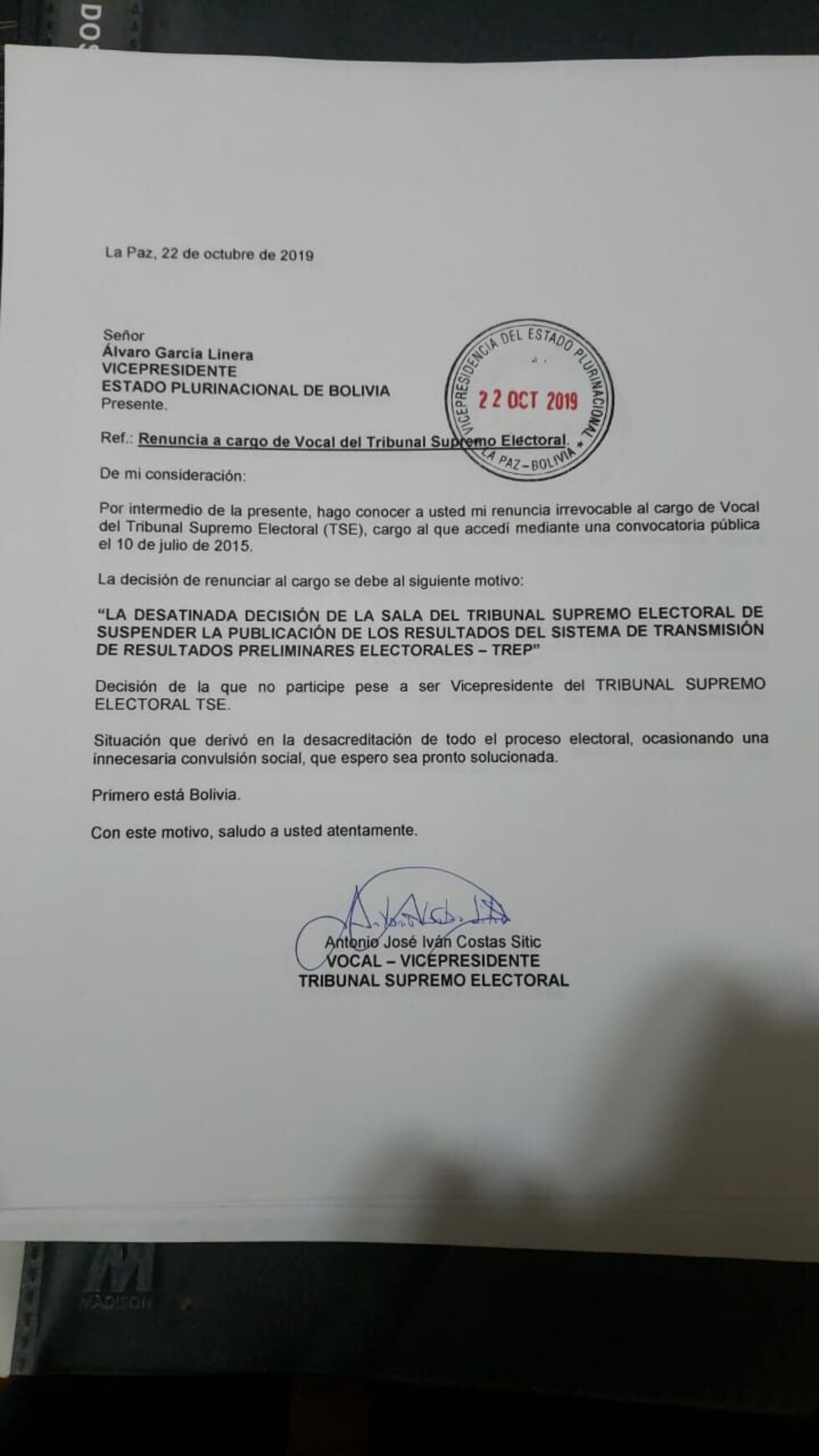 Renuncia Vicepresidente del TSE, dice que el proceso electoral quedó desacreditado