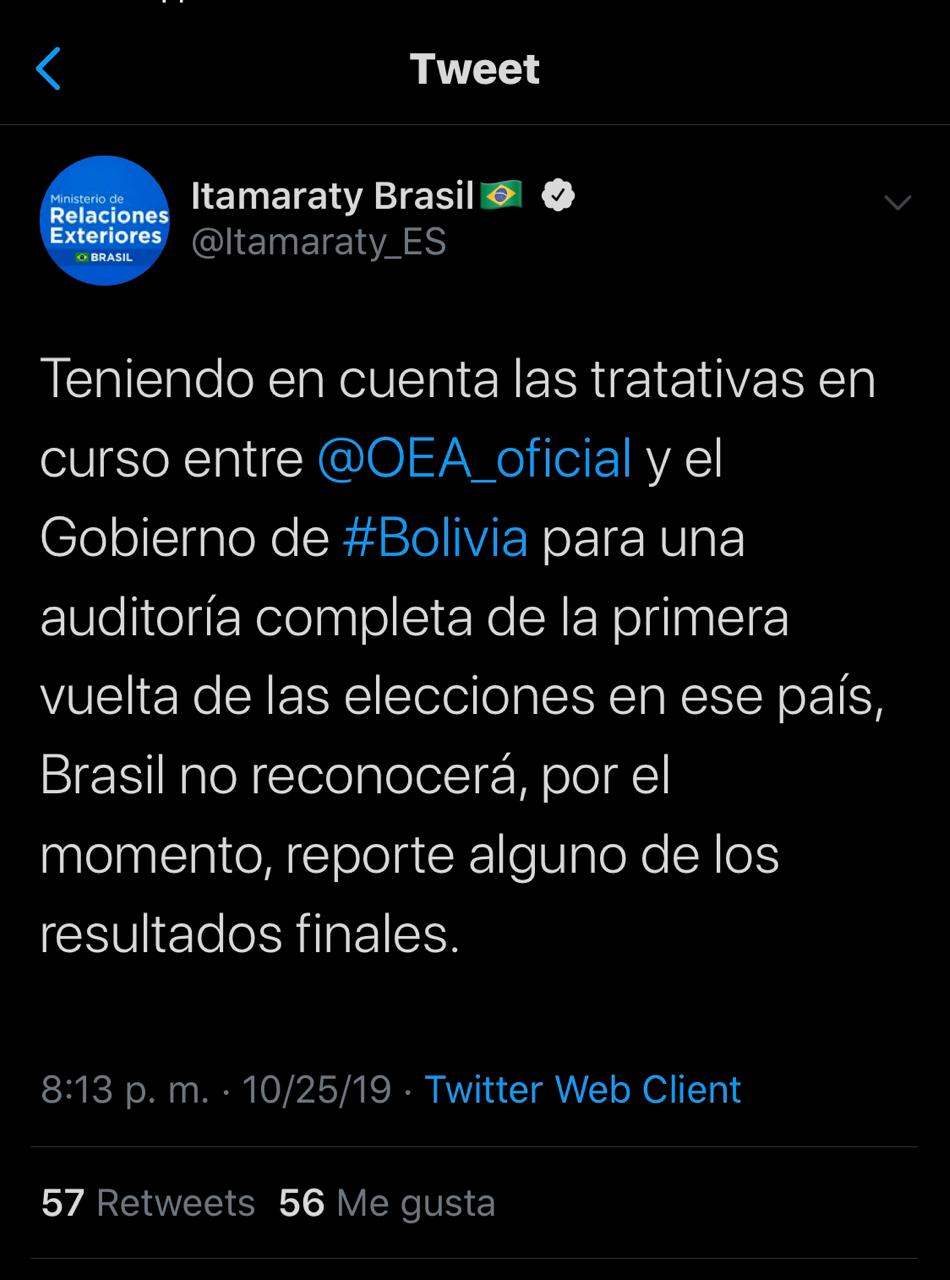 Brasil no reconocerá de momento los resultados electorales en Bolivia