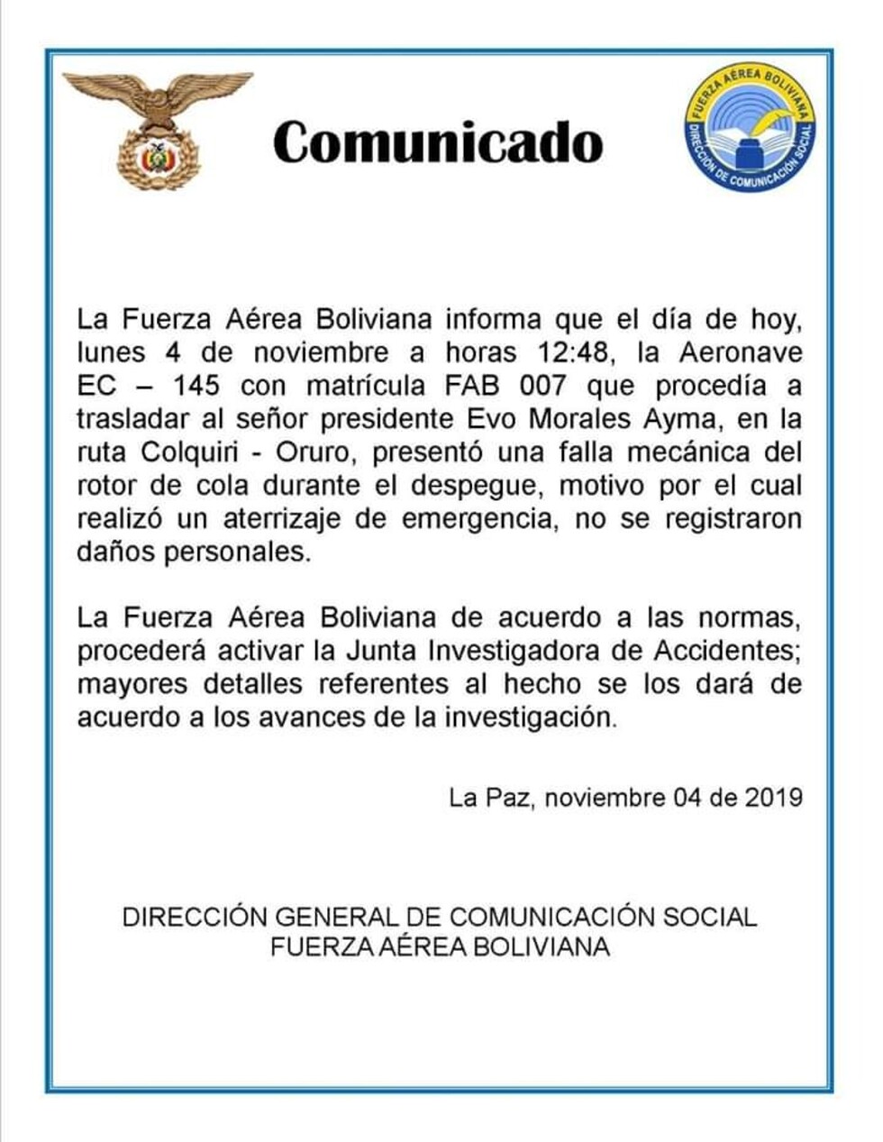 Helicóptero que trasladaba a Morales aterriza de emergencia por falla mecánica