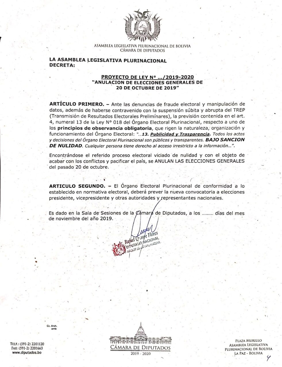 Diputado Quispe presenta proyecto de ley para anular las elecciones generales