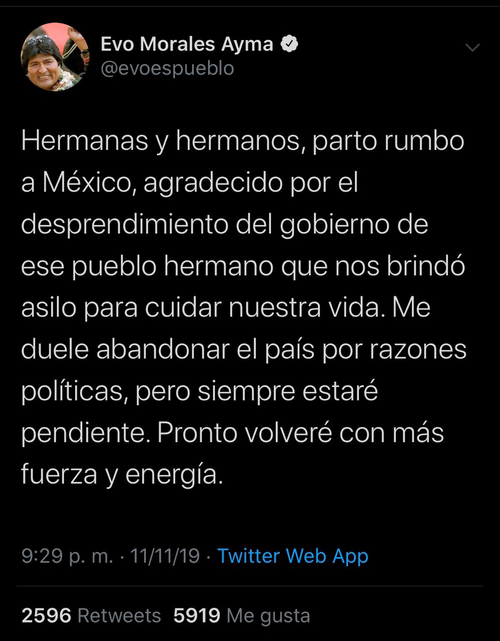 Oficial: Evo parte a México