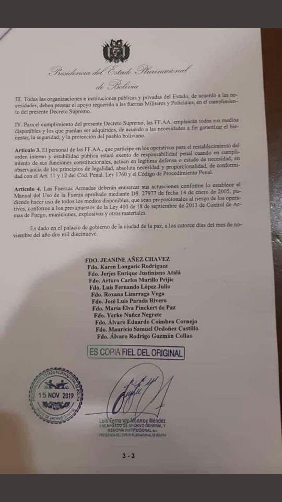 Áñez aprueba DS 4078 que exime a militares de cualquier responsabilidad penal