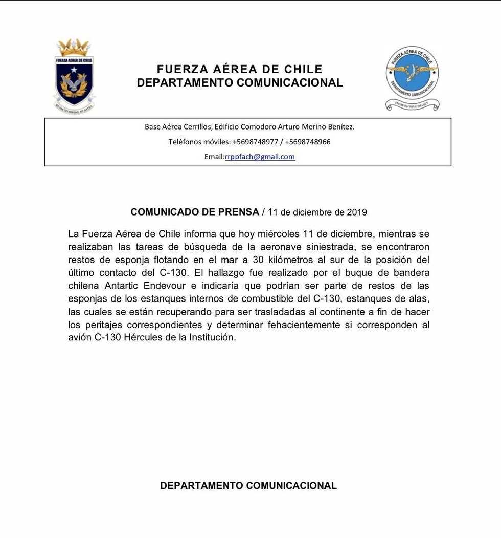 Hallan posibles restos de avión militar chileno desaparecido con 38 personas a bordo