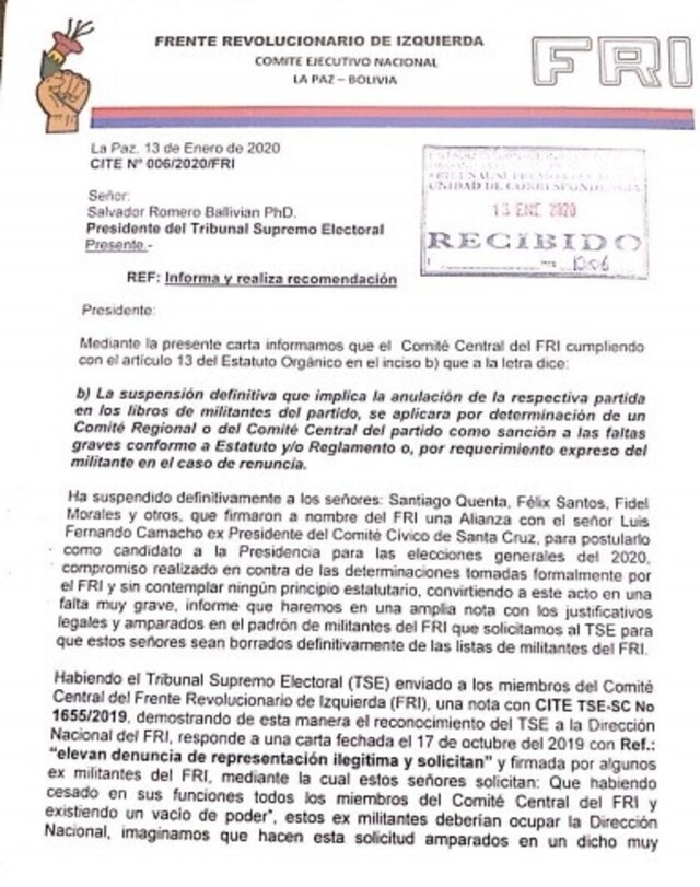 FRI expulsa a militantes que firmaron acuerdo con Camacho