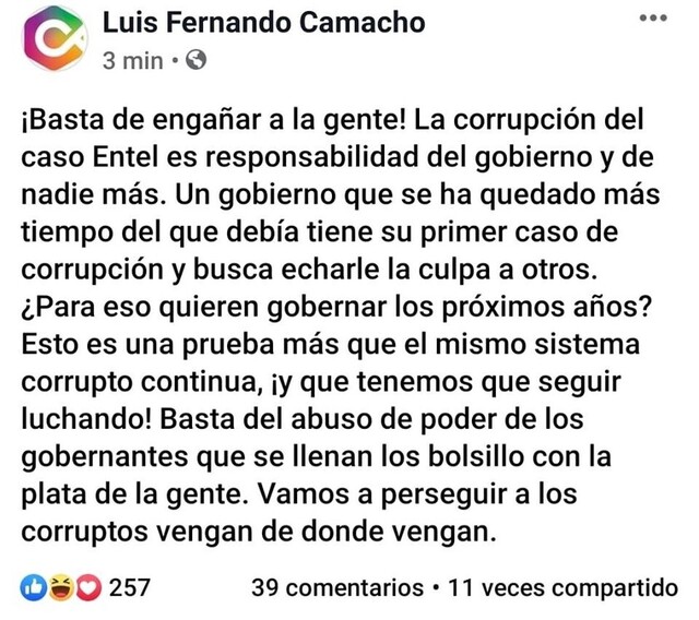 Camacho arremete contra el Gobierno por la corrupción en ENTEL