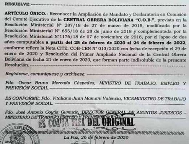 Gobierno reconoce mandato de Huarachi al frente de la COB hasta 2022