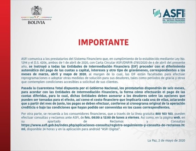 ASFI instruye a entidades financieras diferimiento de pagos hasta mayo
