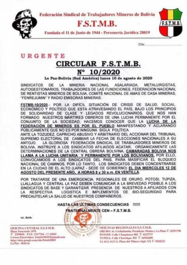 Mineros de la FSTMB instruye a sus bases masificar puntos de bloqueo 