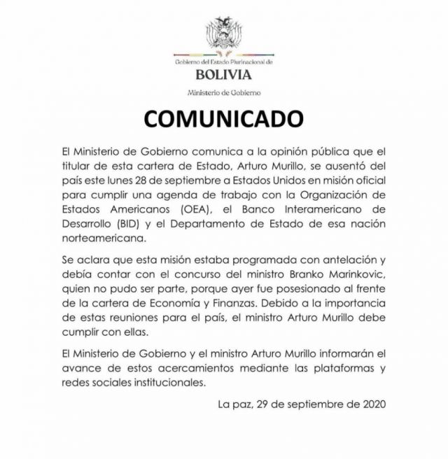 Murillo viaja a EEUU en misión oficial; Choque le advierte con juicio si es que escapa