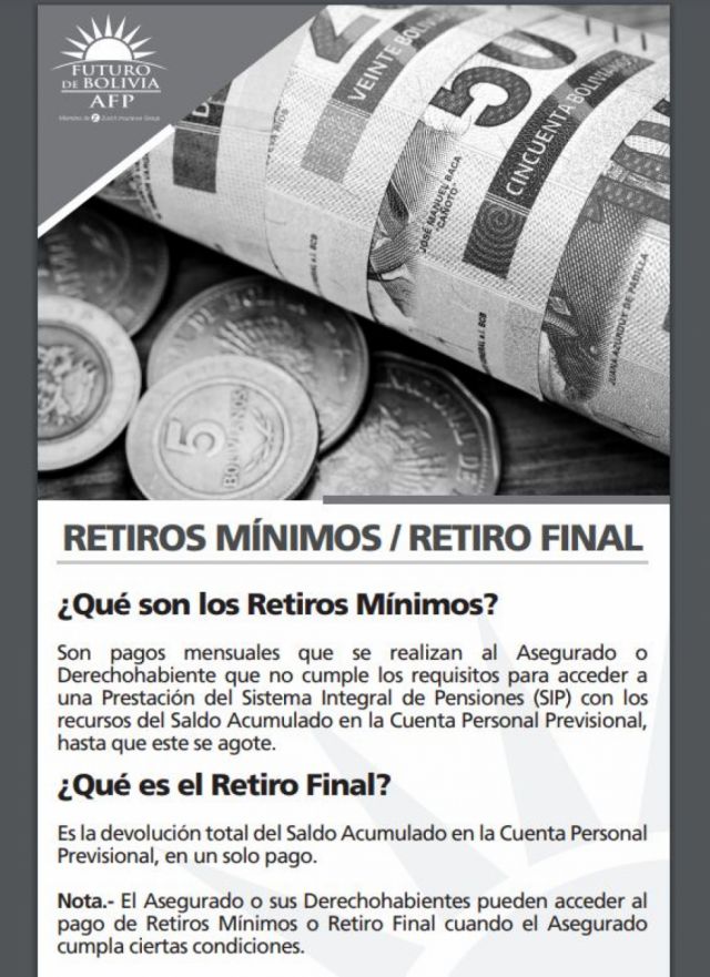 Futuro de Bolivia AFP explica a los contribuyentes sobre un retiro mínimo y final