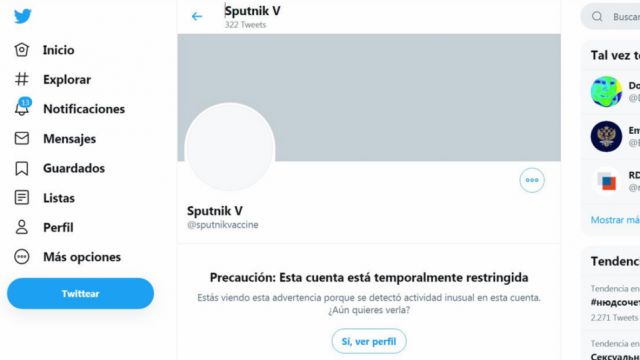 Twitter restringe acceso a la cuenta de la vacuna rusa Sputnik V