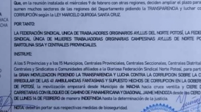 Campesinos de Potosí descartan bloqueo